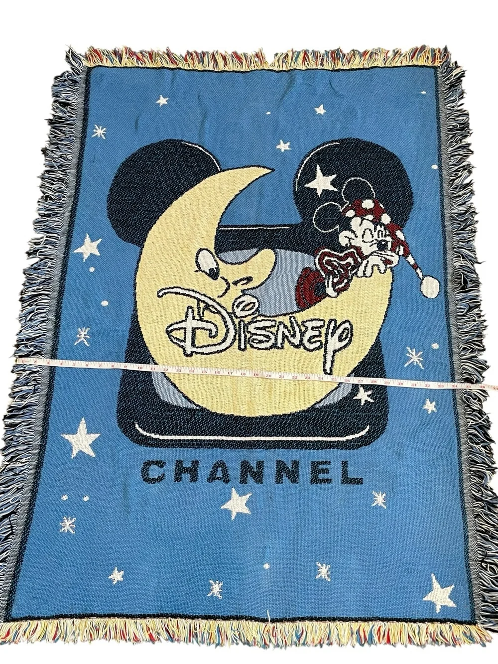 Vintage Disney Channel Minnie Mouse Moon Woven Throw Blanket Fringe Cotton USA
